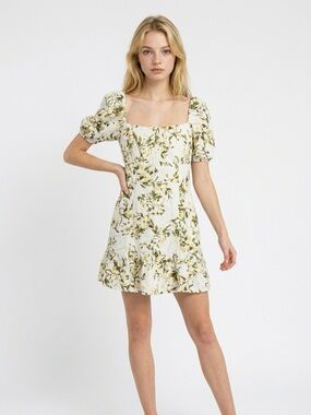 London Times Cream Floral Puff-Sleeve Mini Dress with Green Print size 8